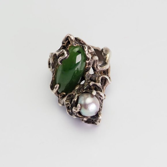Vintage Jewelry - Vintage Brutalist Jade Pearl Sterling Silver ring